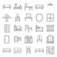 A collection of line art furniture and home decor items arranged in a grid pattern on a white background