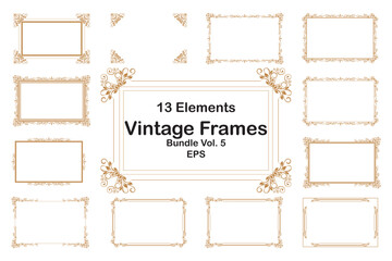 Bundle Elements of ornate vintage frames. Border gold on white classic swirls, floral motifs. Design print for greeting cards, wedding invitations, restaurant menu, royal certificates. Set 5