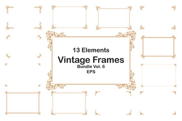 Bundle Elements of ornate vintage frames. Border gold on white classic swirls, floral motifs. Design print for greeting cards, wedding invitations, restaurant menu, royal certificates. Set 6