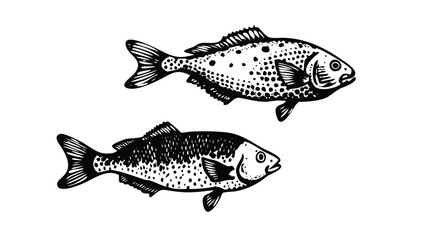 Fish Icon Pack in Stipple Ink Style. Black and White Vector Collection of Aquatic Life. Vintage Marine Biology Illustration Set