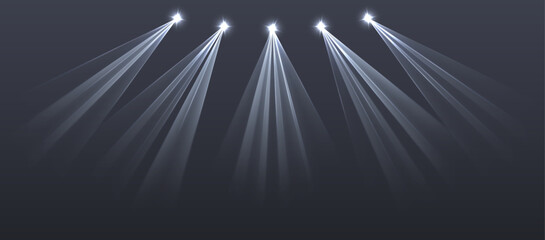 White lasers background., glowing rays or neon beams on the stage, bright futuristic backdrop. Concert or nightclub spotlights. Vector illustration.