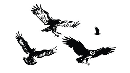 Birds of Prey Icon Pack in Stipple Ink Style. Black and White Vector Collection of Raptors. Classic Ornithology Illustration Set