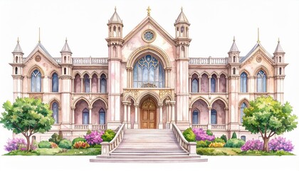 Obraz premium Grand Victorian Style Mansion with Intricate Architecture Surrounded by Lush Greenery and Colorful Flowers