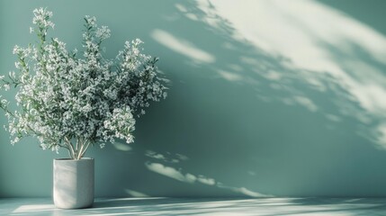 White flowering plant in a pot against a muted green wall, bathed in sunlight
