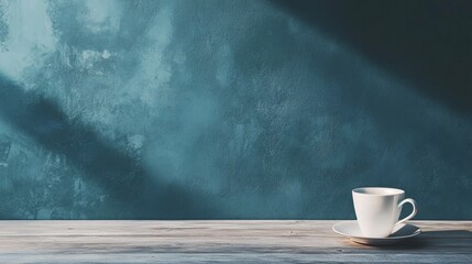 White cup on wooden surface against textured teal wall with sunlight