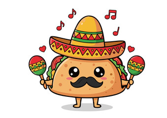 Fototapeta premium Cute Taco Character in Sombrero with Maracas Playing Music.