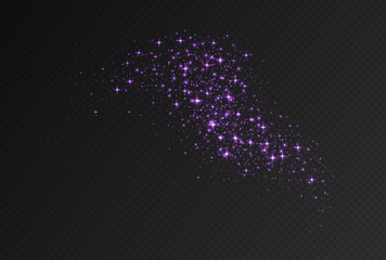 Purple sparkling stars, shiny particles light effect, transparent flying stardust texture, abstract twinkle Christmas decoration. Vector illustration.