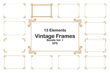 Bundle Elements of ornate vintage frames. Border gold on white classic swirls, floral motifs. Design print for greeting cards, wedding invitations, restaurant menu, royal certificates. Set 1
