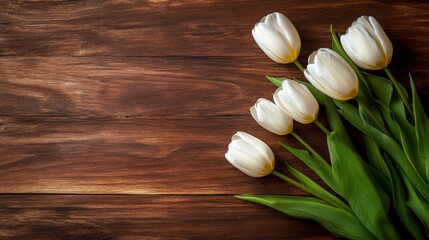 White tulips arranged on rustic wood background