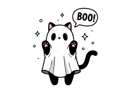 Adorable Black Cat Dressed as a Ghost Halloween Costume Cute Paws Boo.