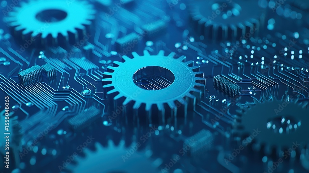Poster blue gears interlocked on a digital circuit board, symbolizing the integration of mechanical enginee