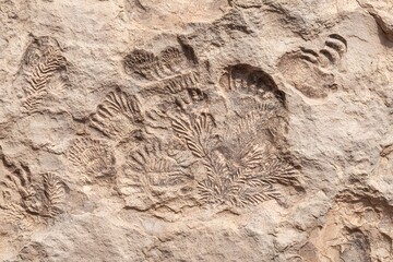 A detailed view of plant fossils embedded in stone, showcasing intricate patterns and textures, revealing ancient life.