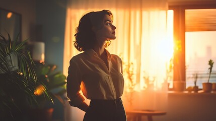 Woman silhouetted by sunset, standing in a room with plants
