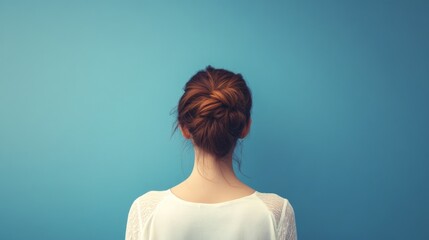 Woman with bun hairstyle, back view, against a blue background