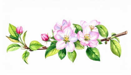 Fototapeta premium Beautiful hand-drawn illustration of delicate pink apple blossoms with green leaves on a branch, showcasing vibrant colors and intricate details of nature