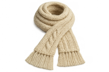Beige cable knit wool scarf draping softly, providing warmth against cold winter conditions, photographed on clean background