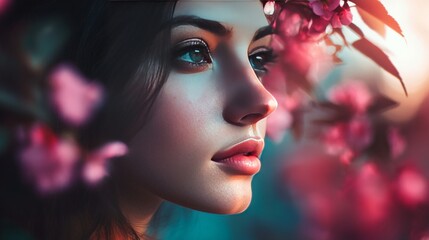 Woman's profile framed by blooming flowers, soft lighting