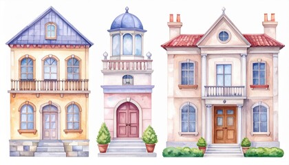 Obraz premium Charming Collection of Three Colorful Watercolor House Illustrations Featuring Varied Architectural Details and Unique Designs in a Playful Style