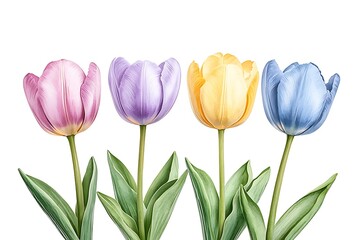 Colorful Tulip Flowers in Pastel Shades Against a Clean White Background