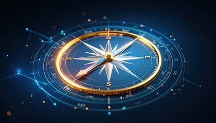 Close-up of a digital compass.  Golden frame, blue face.  Abstract tech overlay