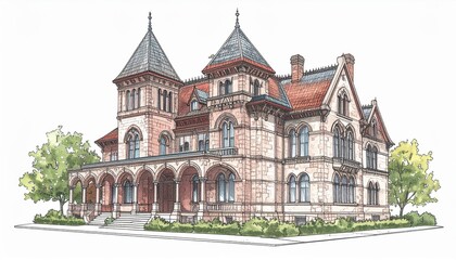 Obraz premium Elegant Victorian Mansion Architecture Design with Intricate Details Surrounded by Lush Greenery and Seasonal Trees Ideal for Historical Context and Inspirations