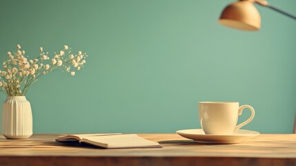 Wooden desk with a cup, notebook, and flowers
