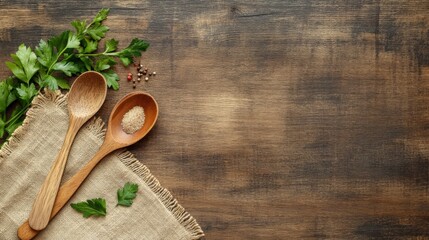 Wooden spoons, herbs, and spices on rustic table