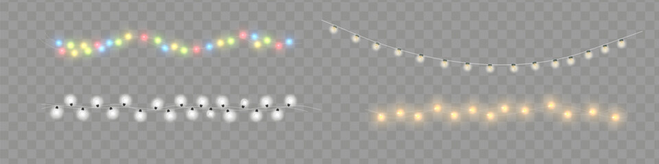 Christmas lights. Bright Xmas garland. Vector glow light bulbs on wire strings.