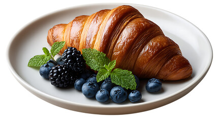 Golden flaky croissant with fresh blueberries blackberries and mint leaves on a white plate isolated on transparent background