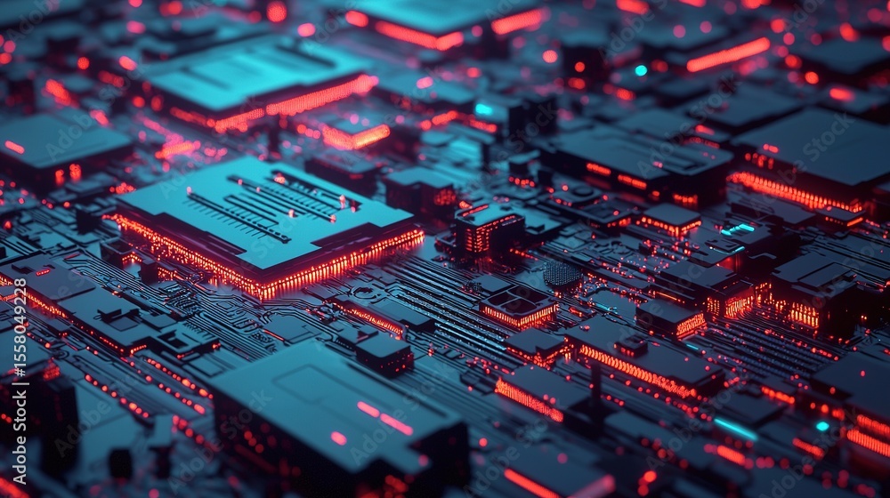 Poster a close-up view of a glowing, futuristic computer motherboard with illuminated circuits and microchi