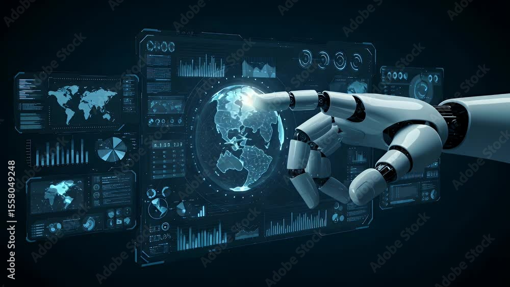 Aufkleber futuristic robot hand interacts with a holographic interface displaying data and a globe