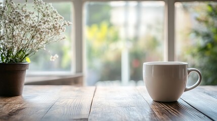 Wooden table, white mug, small potted plant, blurred window background