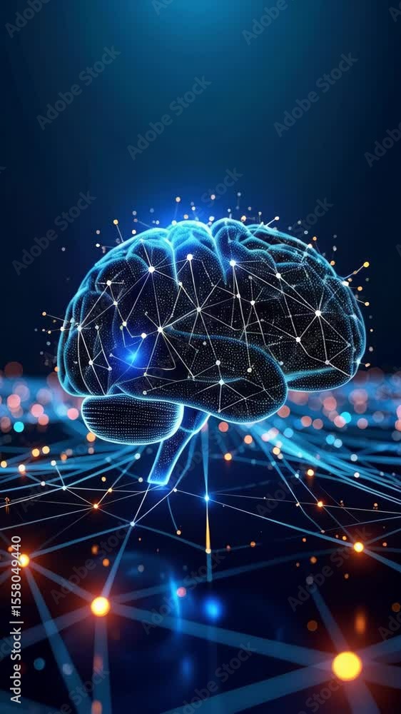 Aufkleber depiction of a human brain surrounded by a network of connected lines and glowing lights signifying 