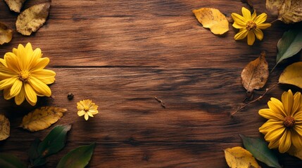 Yellow flowers and autumn leaves arranged on rustic wooden surface
