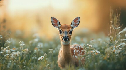 Young deer amidst blooming daisies at sunset