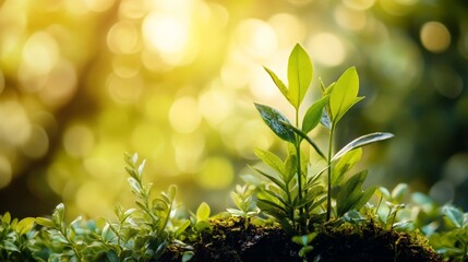 Young plants sprout, bathed in warm sunlight, surrounded by lush greenery