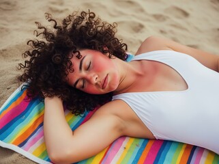 Shocked young woman with curly hair touches face painfully while sitting on beach towel, regretting nap without applying sunscreen during sunny summer day
