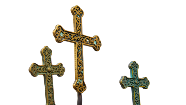 Ornate golden and teal crosses with intricate scrollwork patterns isolated on a transparent background