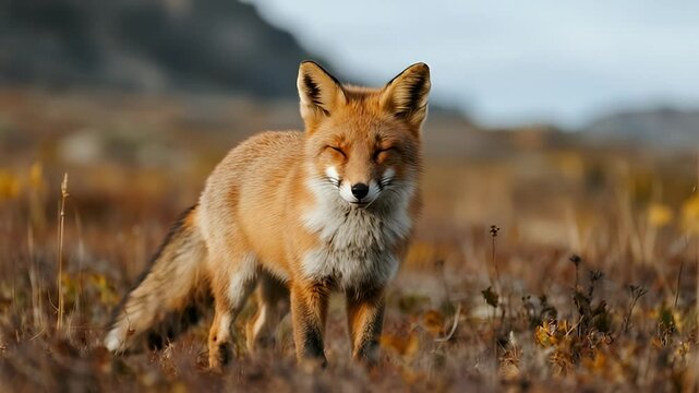 A red fox (Vulpes vulpes) standing alert in the autumn tundra along the Dempster Highway, Yukon Territory, Canada. 