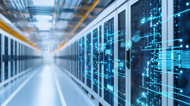 A modern data center corridor with server racks and digital circuit overlays, symbolizing advanced technology and network connectivity.