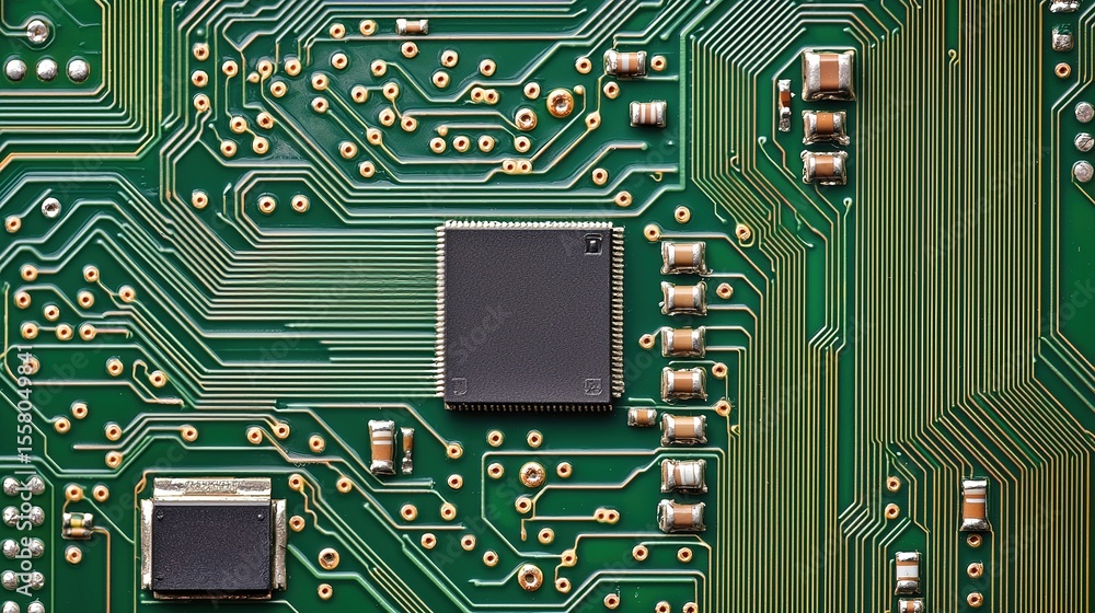 Poster a close-up view of a green printed circuit board with microchips and intricate circuitry.