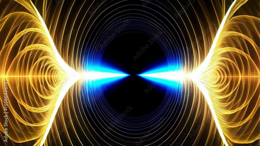 Wall mural abstract concentric golden arcs and radiating blue energy, symmetrical design, glowing futuristic tu