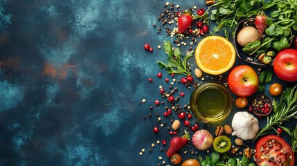 Vibrant fruits, vegetables, nuts & herbs arranged on a textured surface