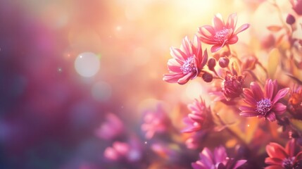 Vibrant pink flowers bathed in warm sunlight, bokeh effect