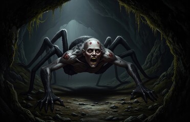 Twisted Human-Faced Spider Beast Crawls Slowly in Darkness of Cave With Expression of Endless Anguish on Disfigured Face