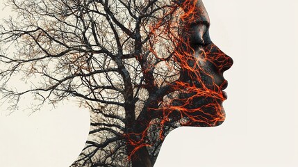 Double exposure art of a woman's profile merged with tree branches and glowing lines, symbolizing a connection between nature and humanity.