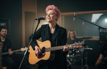 Trendy Woman With Bright Hair Plays Guitar Inside While Creating Original Songs in Relaxed Modern Style Environment