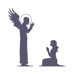 Fantasy man angel with huge bird wings. God descends from the sky to praying woman