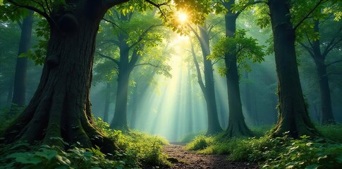 Obraz premium Sunlight Dappled Ancient Forest Majestic Trees Create a Serene and Mystical Atmosphere, Perfect for Nature, Ecology, and Environmental Projects.