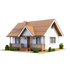 A small, white, wooden house with a brown roof and trim, surrounded by green grass and bushes, with a wooden porch and steps, and a white picket fence.